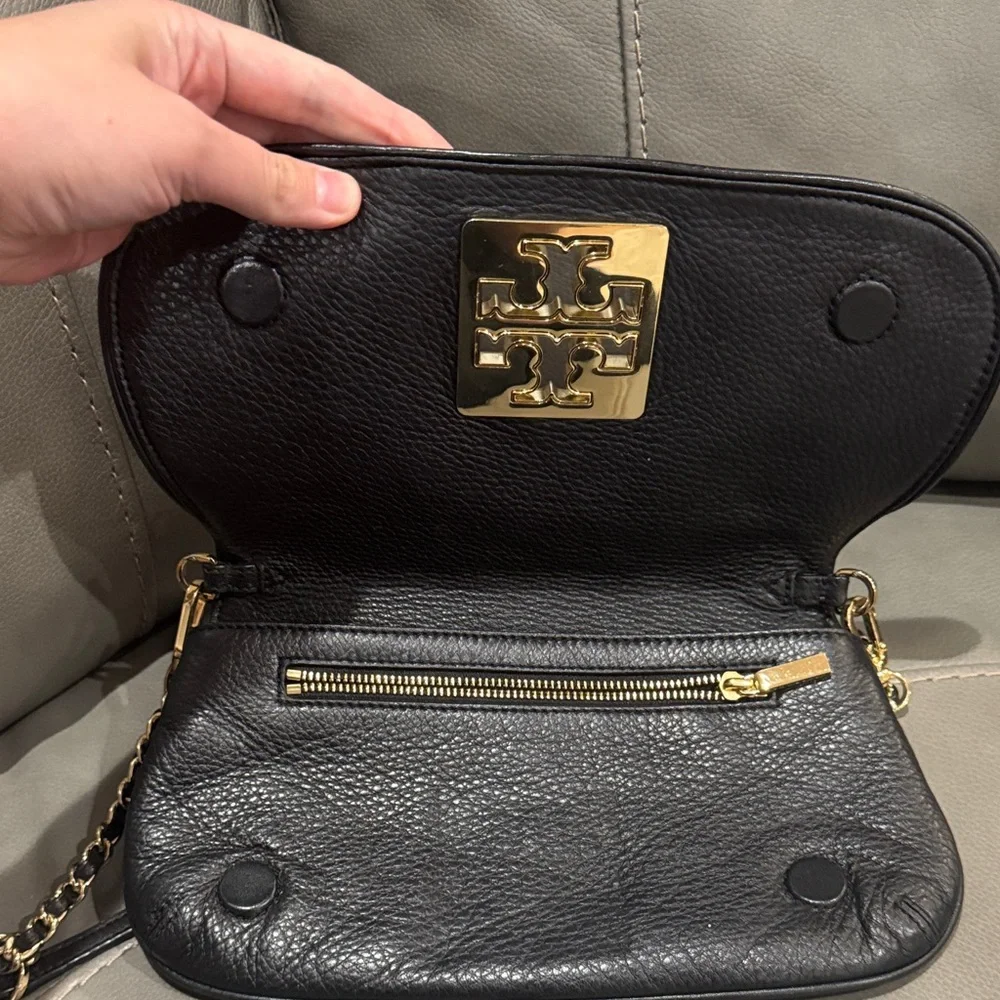 Tory Burch Black Leather Crossbody with Gold Logo & Chain